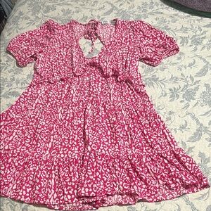 Zara Pink and White Smocked Puff Sleeve Mini Dress